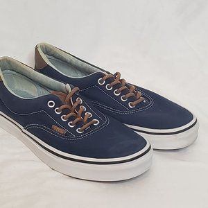 Vans Era Navy Blue Brown Leather Trim Mens 8 Womens 9.5